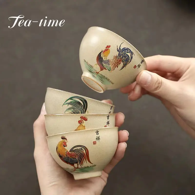 Antique Pottery Ceramic Teacup Hand Painted Cock Tea Cup Travel Portable Tea Bowl Pu\'er Master Cup Chinese Tea set Accessories