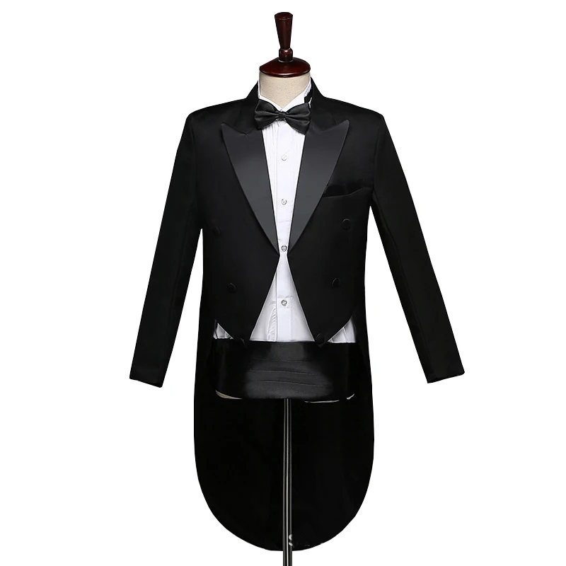 Men's Classic Black Shiny Lapel Tail Coat Tuxedo Wedding Groom Stage Singer 2-Piece Suits Dress Coat Tails Party Show Tailcoats