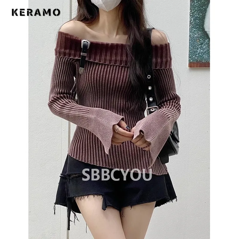 2023 Winter Hotsweet Casual Off Shoulder Knitting Long Sleeve Pullovers Women Striped Sheath Ladies Sexy Knitwear Sweater