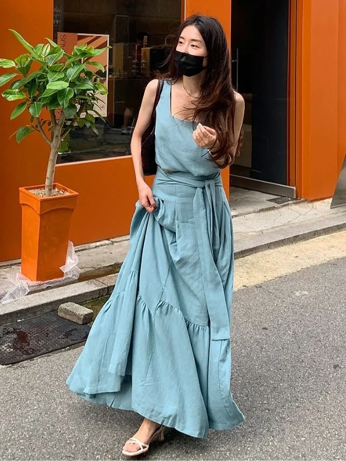

Faionable High Waist Maxi Dr Set Women's Square Ne Strap Vest Long Skirt Two Piece Suit Summer Slimming Versatile Outfit