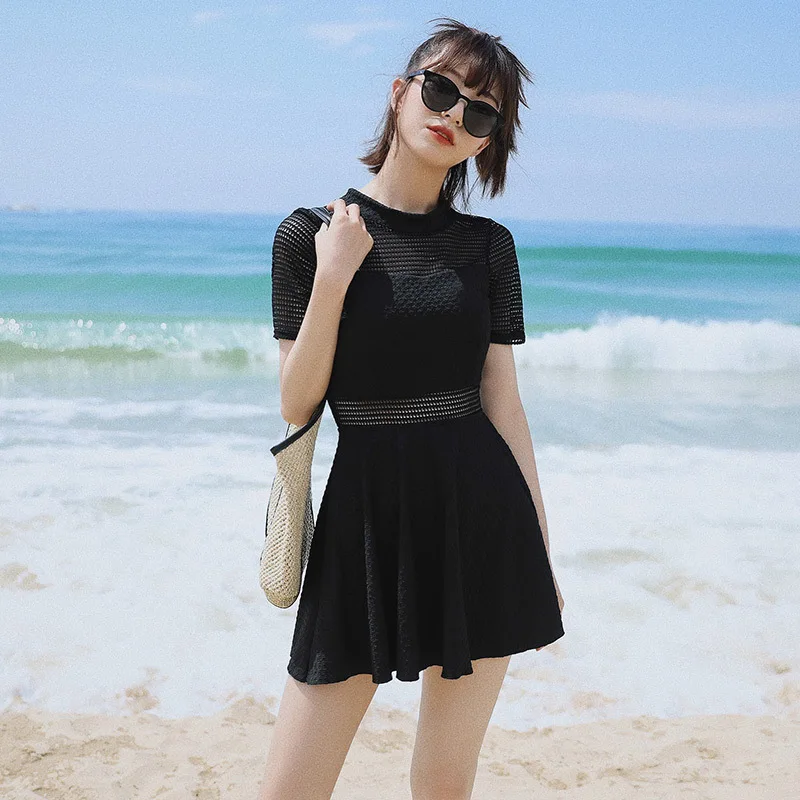 

Hot Spring Vacation Swimsuit 2024 Belly Slimming Black Fashion Sexy Elegant One-Piece Conservative Seaside Beachwear Short Dress