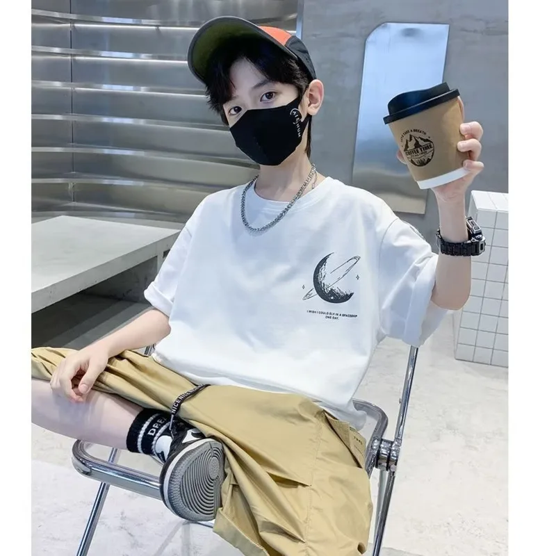Boys Short-sleeved T-shirt Summer Children's Summer Dress Half-sleeved Black Top New Middle And Big Children's Trendy T-shirt image 3