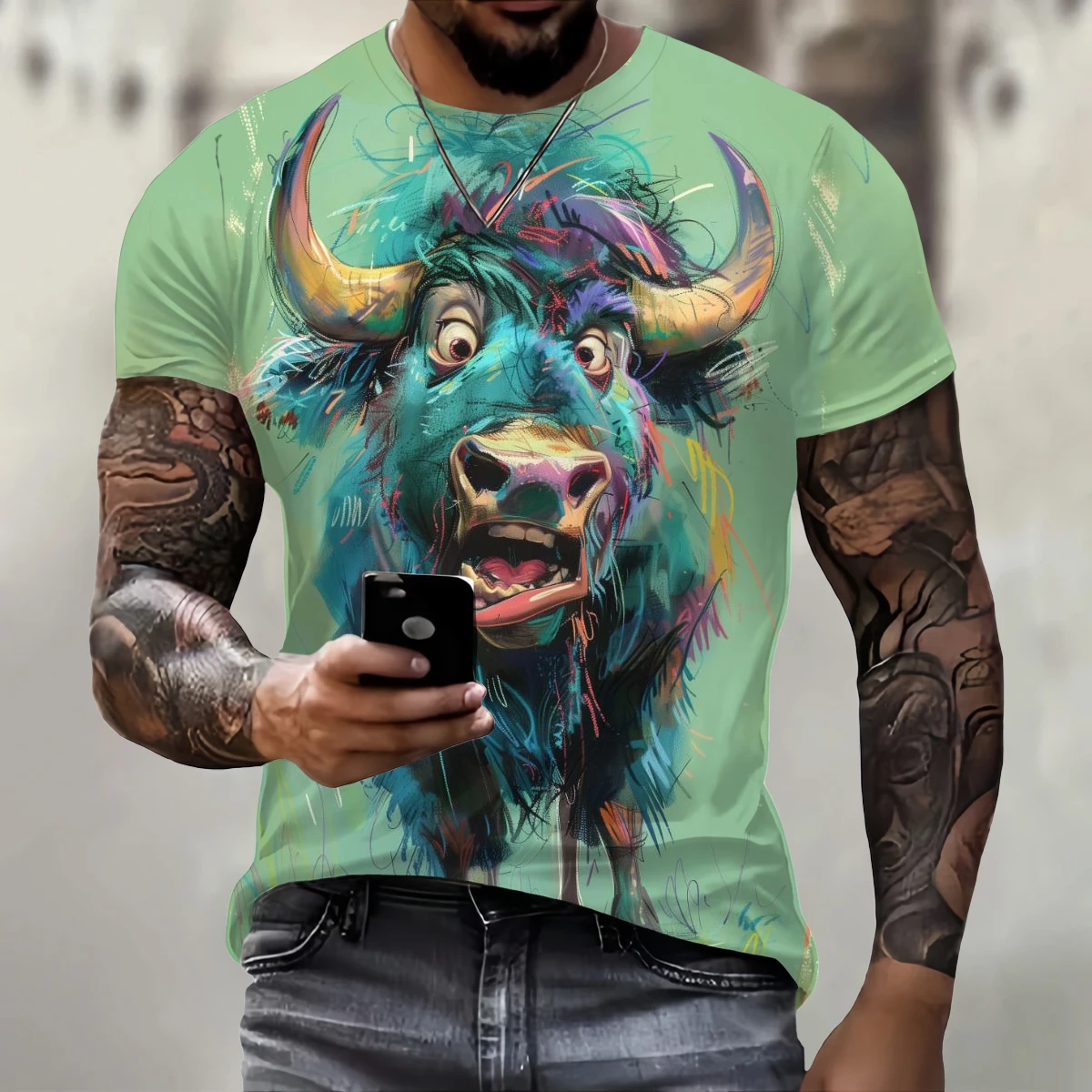 T-Shirt For Man With Print 3d Angry Bull Print Tees Tops Fashion Men Animal Pattern T Shirt Oversized Streetwear O-Neck Fashion