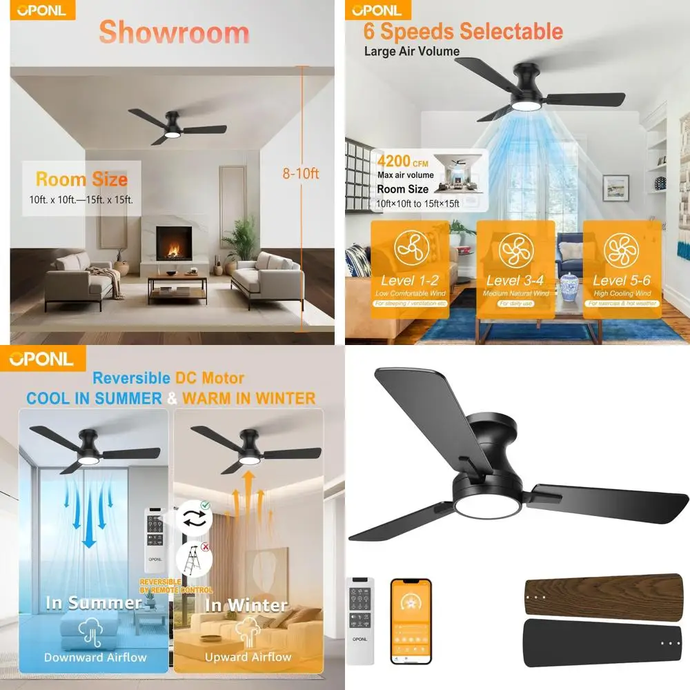 

Потолочный вентилятор 42 дюйма, черный, низкопрофильный, с подсветкой, пультом ДУ, скрытым монтажом, реверсивный, 6CCT, с регулировкой яркости, бесшумный, современный, для спален и улицы