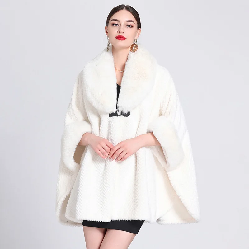 Women Fleece Lining Faux Fur Shawl Lady Fluffy Woolen Coat Winter Keep Warm Cardigan Wrap Luxury Warm Overcoat One Button Cloak