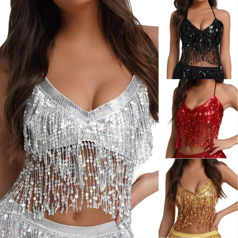 

Sexy Shiny Sequin Fringe Belly Dance Top Nightclub Performance Halter Bra Vest Dance Show Party Costumes Summer Beach Crop Tank