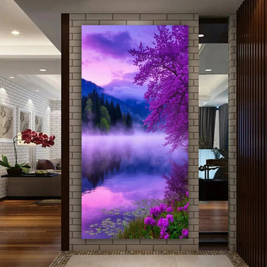 Purple Landscape Flower Picture Large Size Diy Diamond Painting Mountain and Lake Scenery Full Drill Mosaic Embroidery Kits