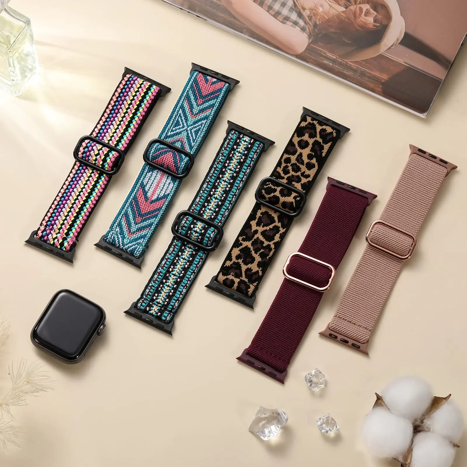 Nylon Strap for Apple Watch Band Ultra 2-1 49mm 41mm 45mm 42mm 40/44mm Bohemian Elastic Bracelet iWatch Series 9 8 7 6 5 4 3 Se