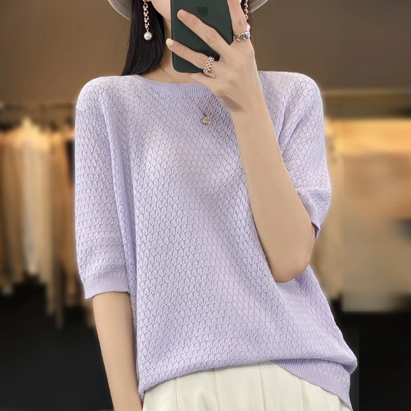 100% cotton short sleeve 2023 summer new women\'s round neck pullover loose knit solid color top casual vest fashion T-shirt