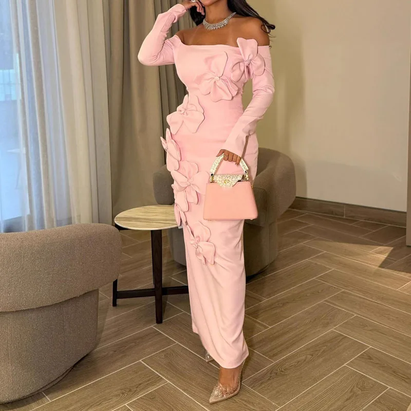 

Модное объемное розовое платье с цветочным узором, облегающее бедра, женское сексуальное платье с открытой спиной, однотонное длинное платье, элегантное платье с открытыми плечами и длинными рукавами, облегающее платье-футляр