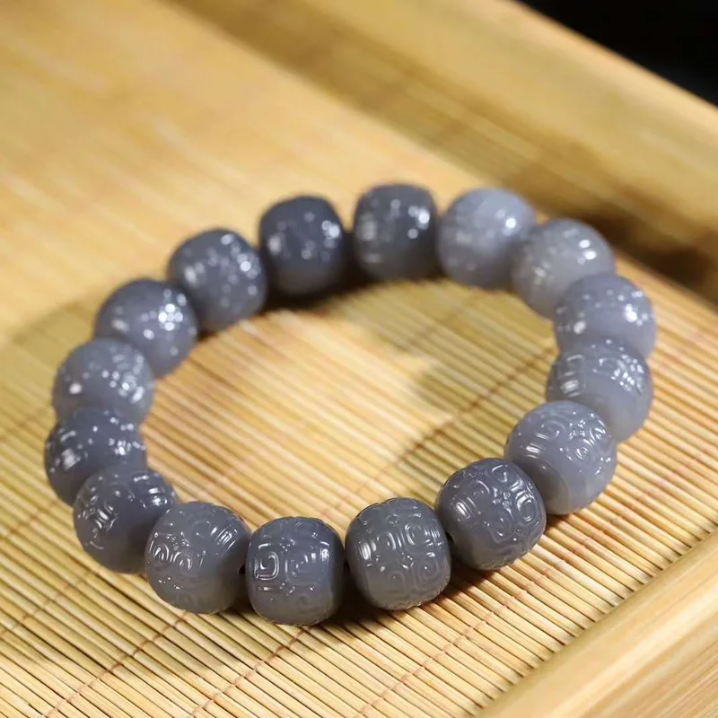 

Натуральный нефрит Хэтянь Цинхай, старый материал, фиолетовый браслет из бисера Ruyi Drum для мужчин и женщин