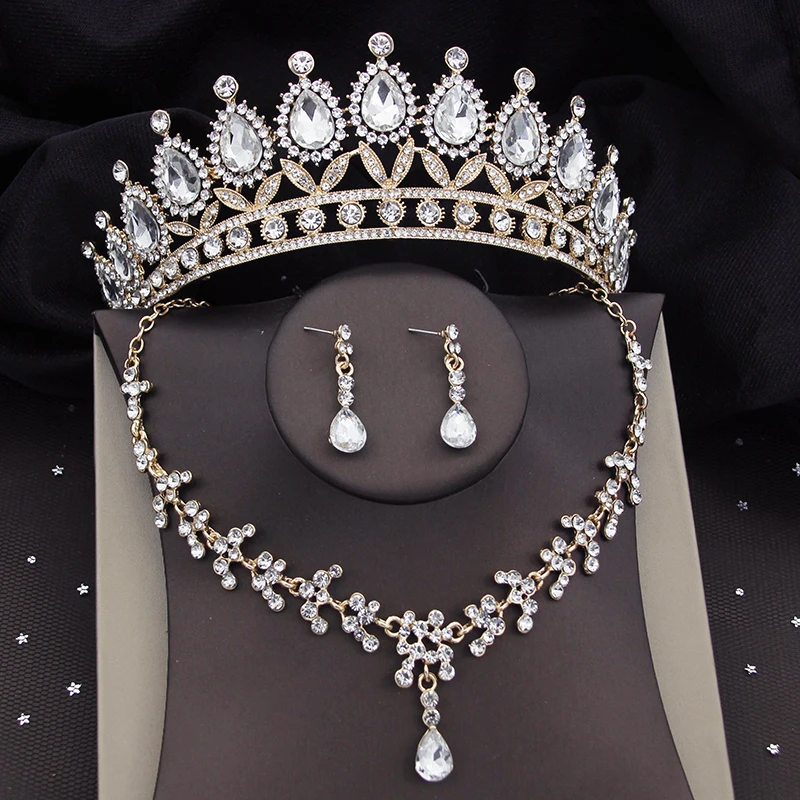 Quality Gold Color Pink Bridal Jewelry Sets for Wedding Dress Tiaras Crown Earrings Bride Necklace Set Costume Accessories