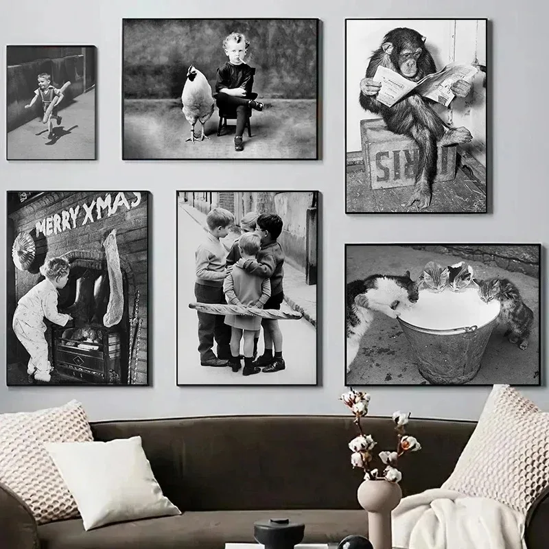 Funny Animal Monkey Cat dog Smoking Boy Christmas Gift Black And White Poster Canvas Paintings Wall Art Pictures Home Decor