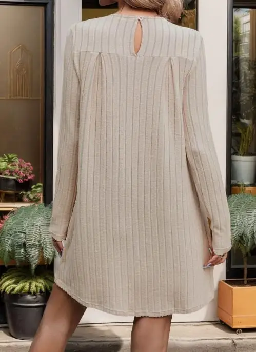 

Autumn Casual Minimalist Style with Pleated Round Neck Solid Color Straight Tube Skirt for Women, Elegant Long Sleeved Dress