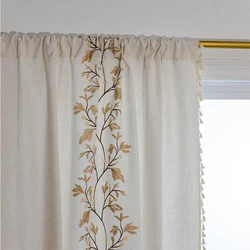 Cotton Linen Embroidery Curtains Road Pocket Shade Curtain Tassel for Kitchen Bedroom Living Room Bay Window Cabinet Curtain