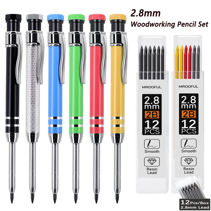 

Professional 42mm Long Nose Metal Carpenter Pencil Set with 2.8mm Refill Lead, Deep Hole Woodworking Engineering Marking Tool