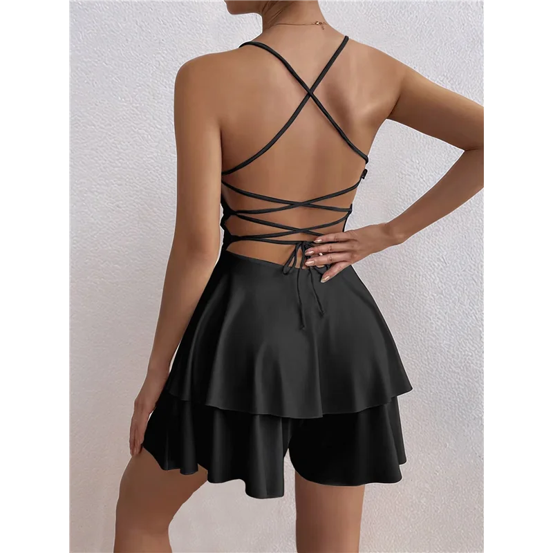 ASDS – Minivestido feminino com alça espaguete, amarração nas costas, em camadas, plissado, ajuste e queimado, linha A, lindo vestido de festa curto