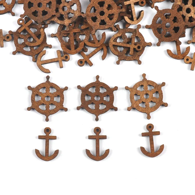 50pcs 20-35mm Blue/Brown/White Anchor Ship Rudder Wooden Crafts For DIY Scrapbooking Accessories Handmade Ornaments Home Decor