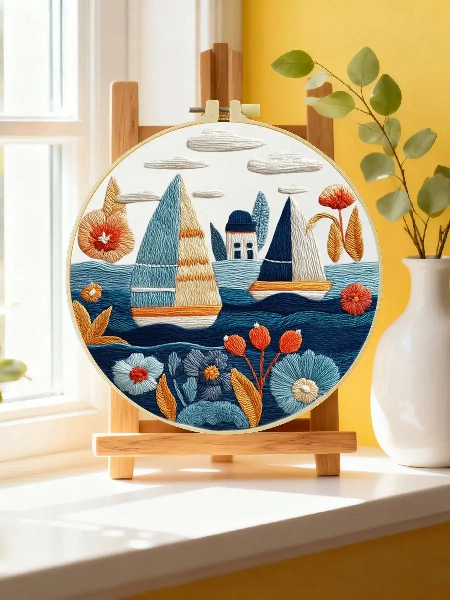 1 Stück 20X20CM/15X15CM 7,87/6,3 Zoll Segelboot Stickerei Starter-Kit DIY-Kit DIY-Stickerei-Set Handarbeiten Nähkunst – Detail 6