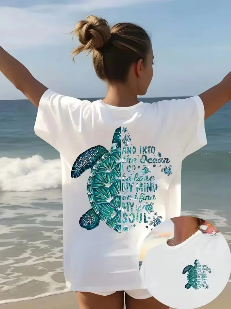 Ocean Soul Sea Turtle Print T-shirt Earth Day Quote Graphic Short Sleeve Tops Women Casual Loose Streetwear Daily Wear Tee