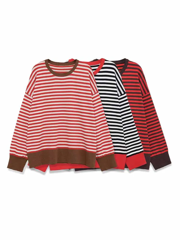 

HH Woman Early Spring Fashion Loose Long Sleeves Round Neck Striped Decoration Shirt Female Casual Versatile Street Style Tops