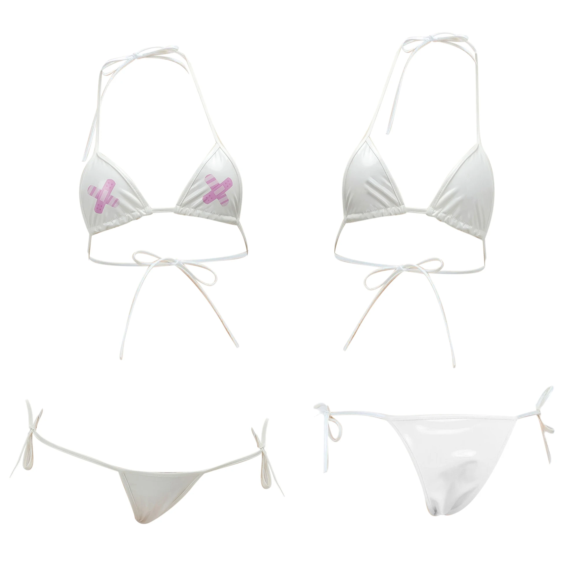 Women PU Leather Bikini Set Swimsuit Triangle Bra with Low Rise Side Tie Thong Briefs for Lingerie Nightwear Pool Beachwear