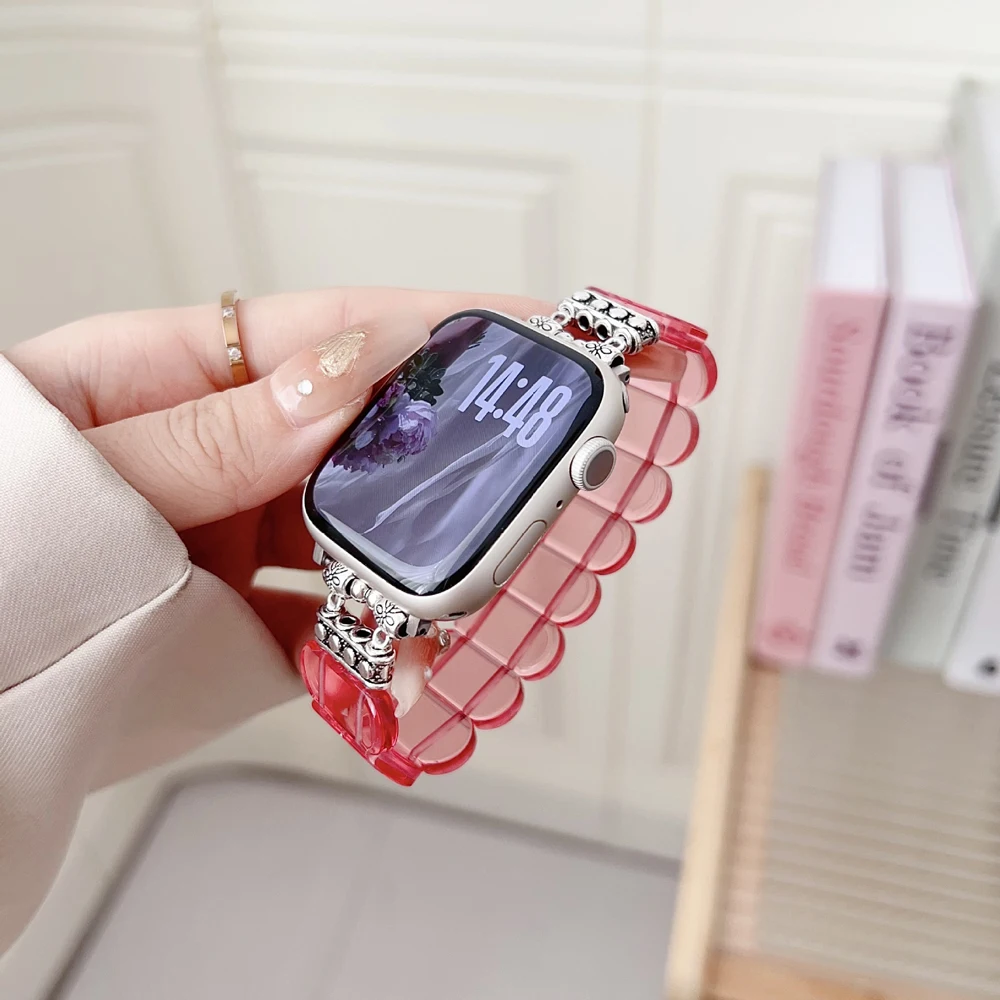 Multi‑color Resin Elastic Bracelet Band for Apple Watch All Sizes Ultra 2 11 10 9 8 Ladies Jewelry‑Style Replacement Wrist Strap