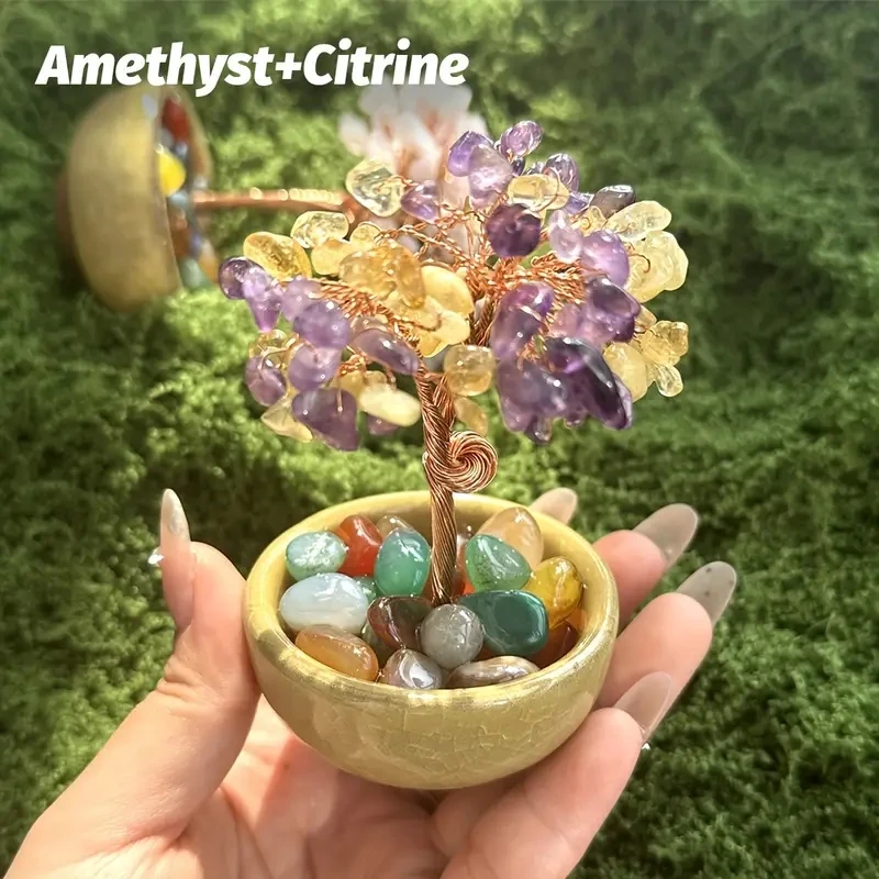 

Handcrafted Copper Wire Crystal Tree with Bowl Base - Natural Stone Decor for Home, Assorted Colors