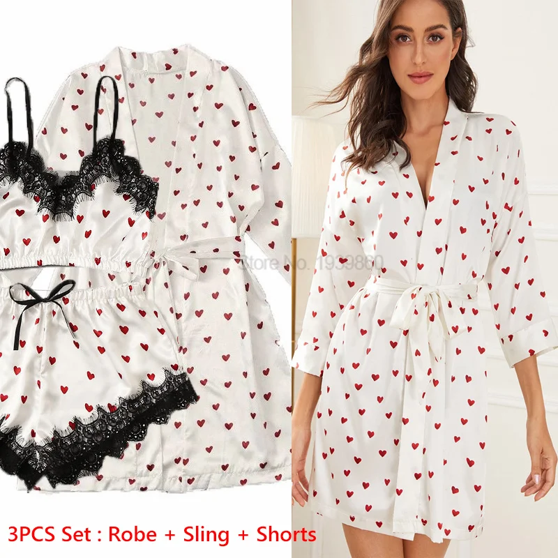 Print Love Pajamas Kimono Robe Gown Suit Satin 3PCS Sleep Set Lady With Sling&Shorts Summer Lace Nightwear Big Size 4XL Lingerie