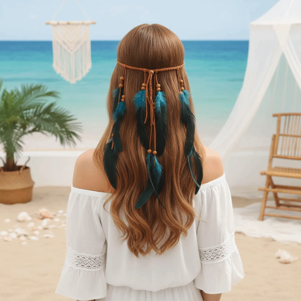 Cascading Tassels Long Feather Headpiece Braided Cord Hand-tied Plumage Bohemian Tassel Headband Slip-knot Adjuste