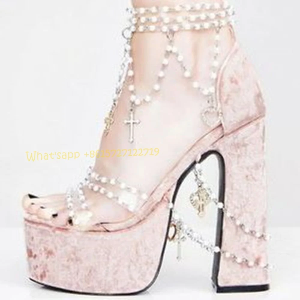 Pearly Blue Platform Heels Suede Sandals Summer Chunky Heels Metal Chain Pink Sandals Sweet Peep Toe Women Party Wedding Shoes