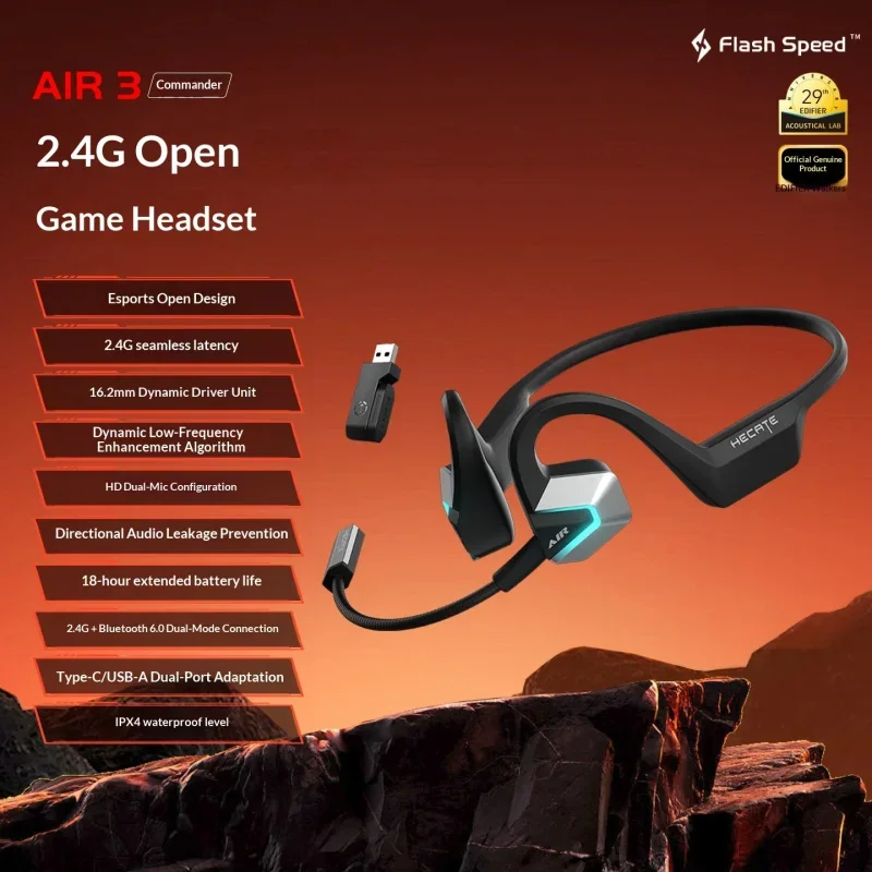 EDIFIER HECATE AIR 3 Open Ear Earphones 2.4G Bluetooth Wireless Gaming Headset IPX4 Hang-ear Style for Sports Gaming Headphones