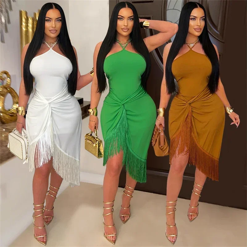 Effen elegante kwastje feestjurken dames nachtclub halter backless strapless mouwloze gedrapeerde onregelmatige sexy bodycon-jurk