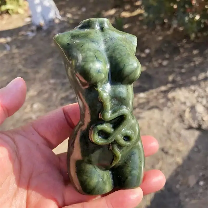 Natural Vine Jade Snake With Lady Body Carving Healing Women Modern Statue Naked Art Stone Gemstone Collectible Gift 1pcs