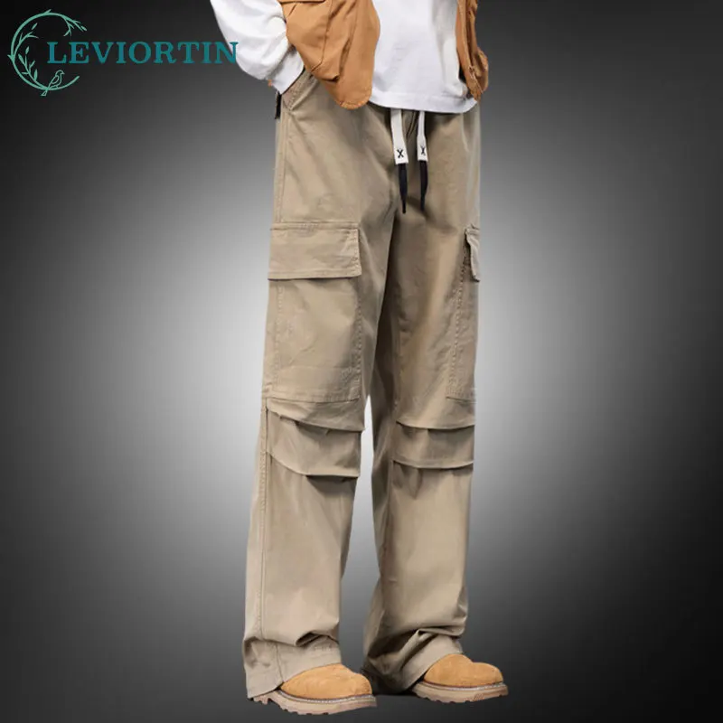 

Хлопковые брюки-карго в американском стиле с двойной плиссировкой для мужчин, модные свободные повседневные рабочие брюки с несколькими карманами и прямыми штанинами, большие размеры 8XL
