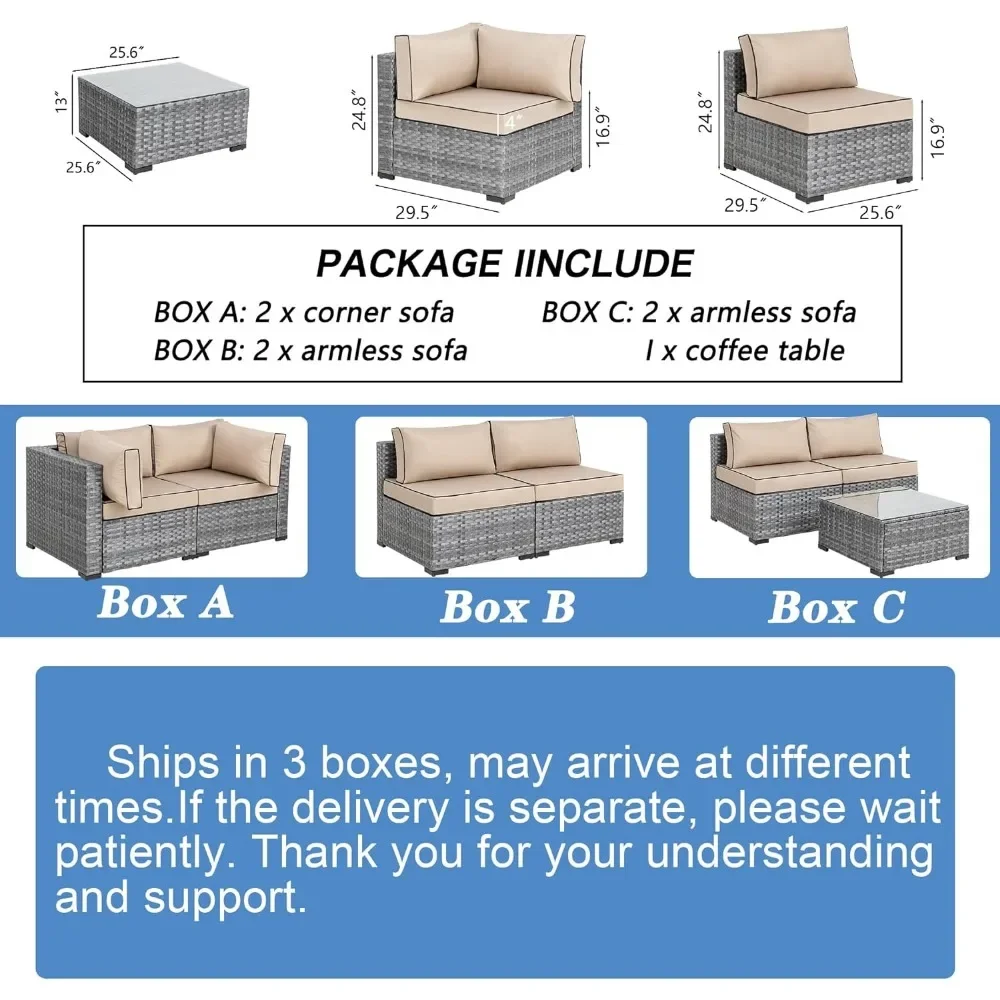 Outdoor Patio Sectional Sofa Couch Set with Washable Cushions, Glass Coffee Table Set, Free Shipping, 7 Pcs