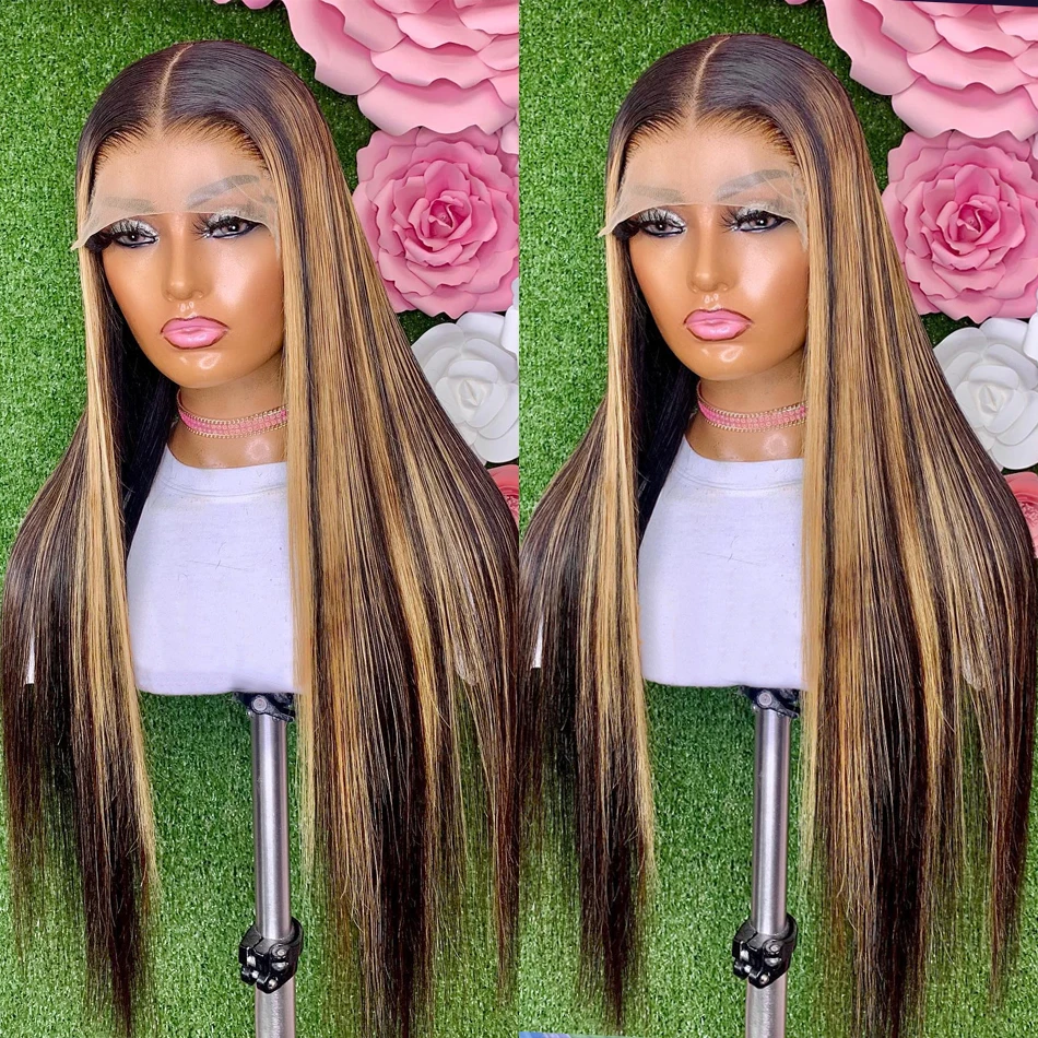 

Ombre Highlight 4/27 Straight Hair Wig Lace Frontal Wig Human Hair Wear and Go Wig PrePlucked 200% Density Ombre Lace Front Wigs