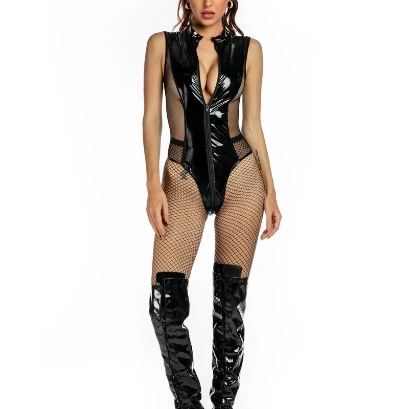 

Hot Sexy Tight Pole Dance 2 Way Zipper Wear Shiny Gloosy PVC Leather High Cut Bodysuit