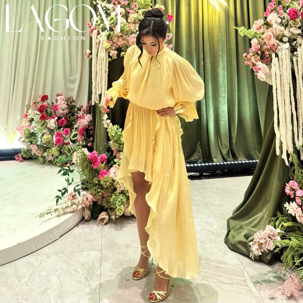 Lagom Exquisite Women High Neck Lantern Sleeve Yellow Pleated High Low Ruffle Formal Evening Prom Dress شارون سعيد Customized