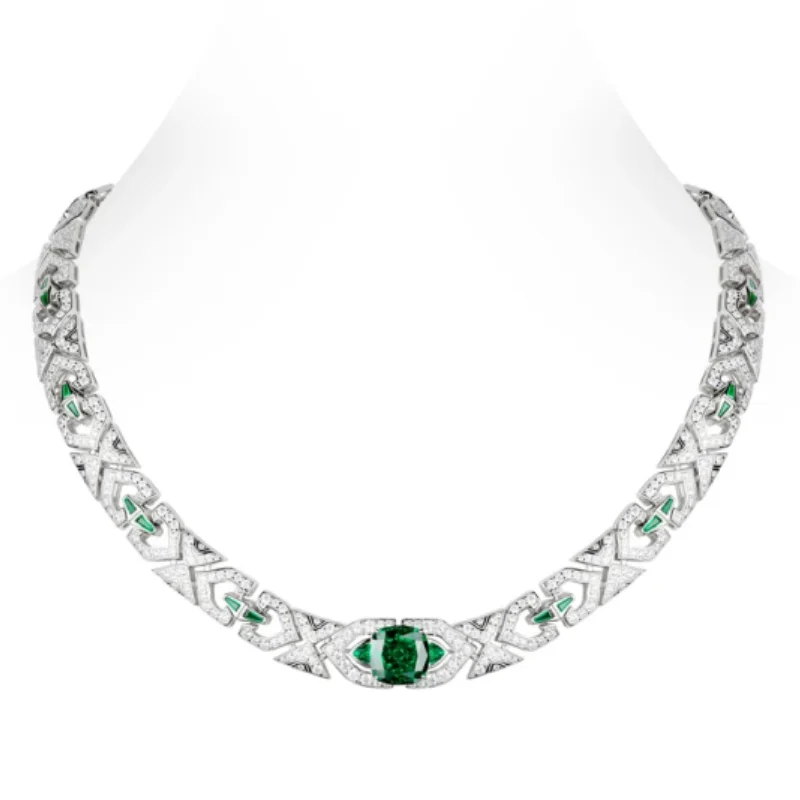 

BELLUX Party Wedding Jewelry Collar 925 Silver Green Square Synthetic Zircon Full Diamond Vintage Luxury Hollow Necklace