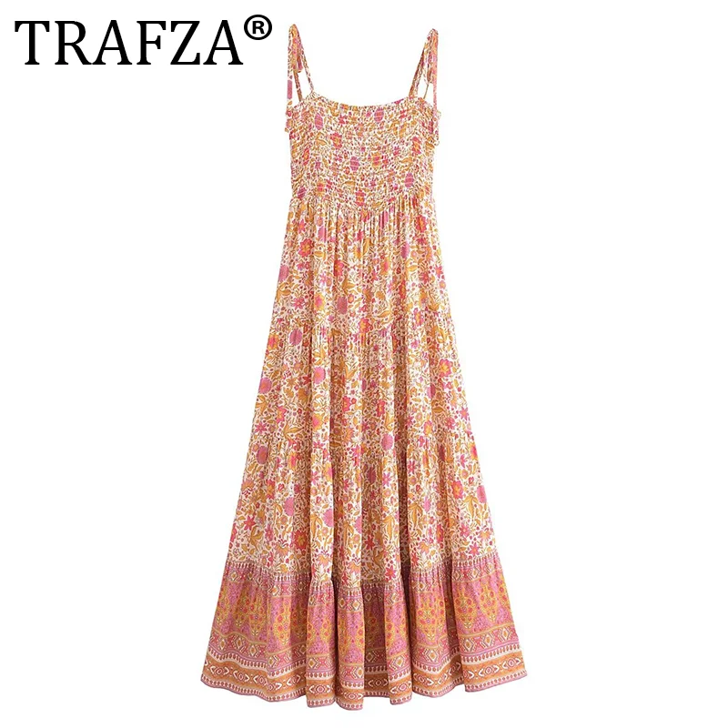 

TRAFZA Women Strappy Camisole Floral Print Dress Summer Spliced Bohemian A-line Dresses