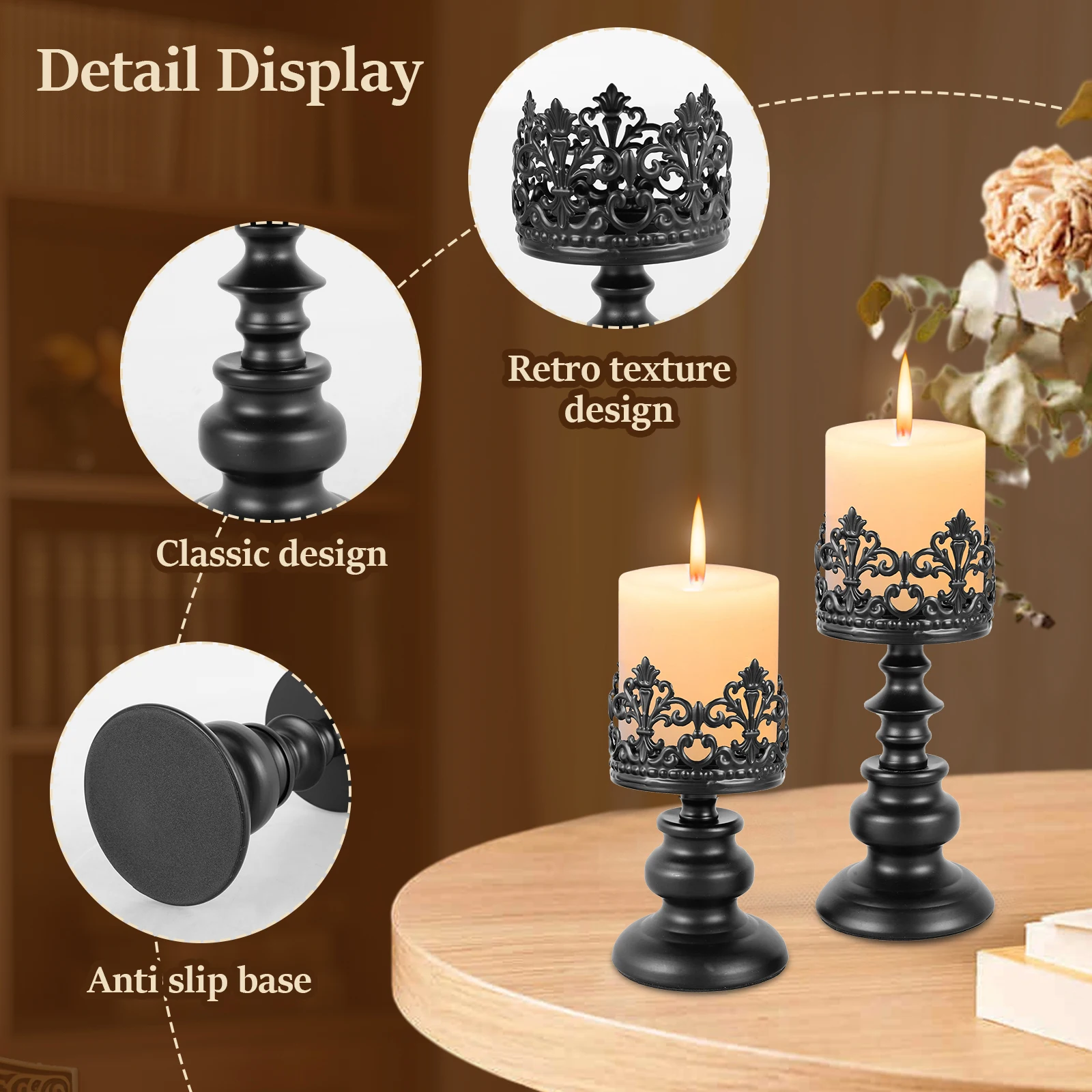 2pcs Distressed Black Candle Holders for Pillar Candles, Vintage Crown Candle Stands Decor, Tall Antique Metal Candle Holder Set