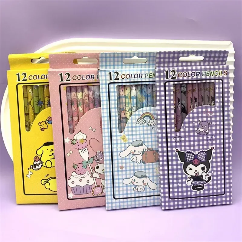 12 Colors Sanrio Cute Mymelody Kuromi  Wooden Pencils Non Toxic HB Colorful Lead Painting Pen Drawing Sketching Pen Gift