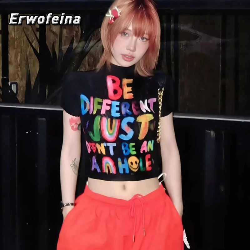 

Erwofeina графические футболки черная футболка с буквенным принтом одежда 2000-х годов Y2k с коротким рукавом корейские модные тонкие футболки женская одежда