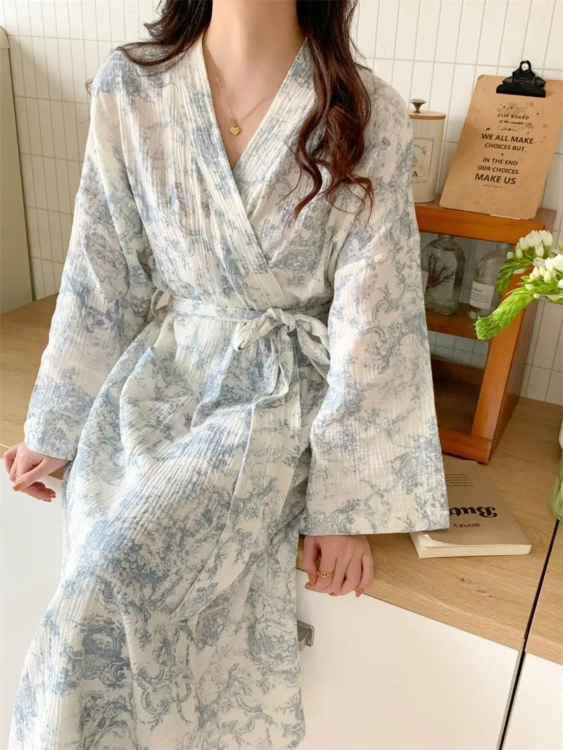 Women's Long Sleeved Home Morning Gown, Blue Floral Loose Waisted Comfortable Robe, V-neck Long Sleeved Home Nightgown image 6