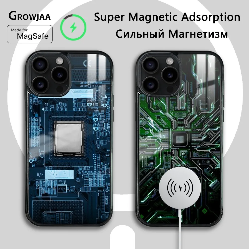 

Inside Circuit Board Phone Case For iPhone 16 15 14 13 12 11 Pro Max Plus Mini New Magsafe Mirror Wireless Magnetic Cover