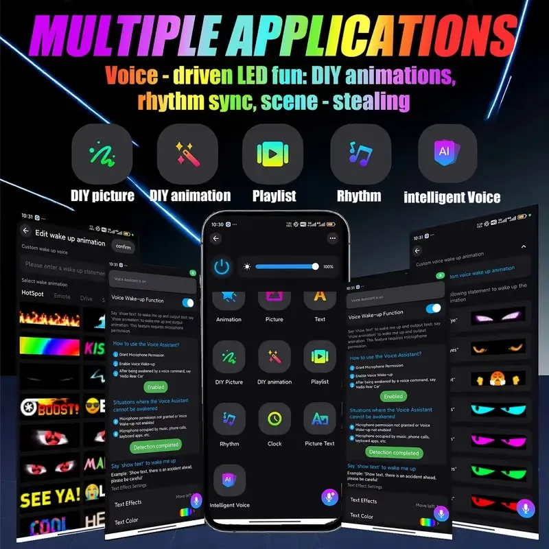 AI التحكم الصوتي عيون الشيطان نافذة السيارة شاشة عرض LED مرنة رقيقة جدا لوحة بكسل قابلة للبرمجة DIY تصميم التطبيق بلوتوث