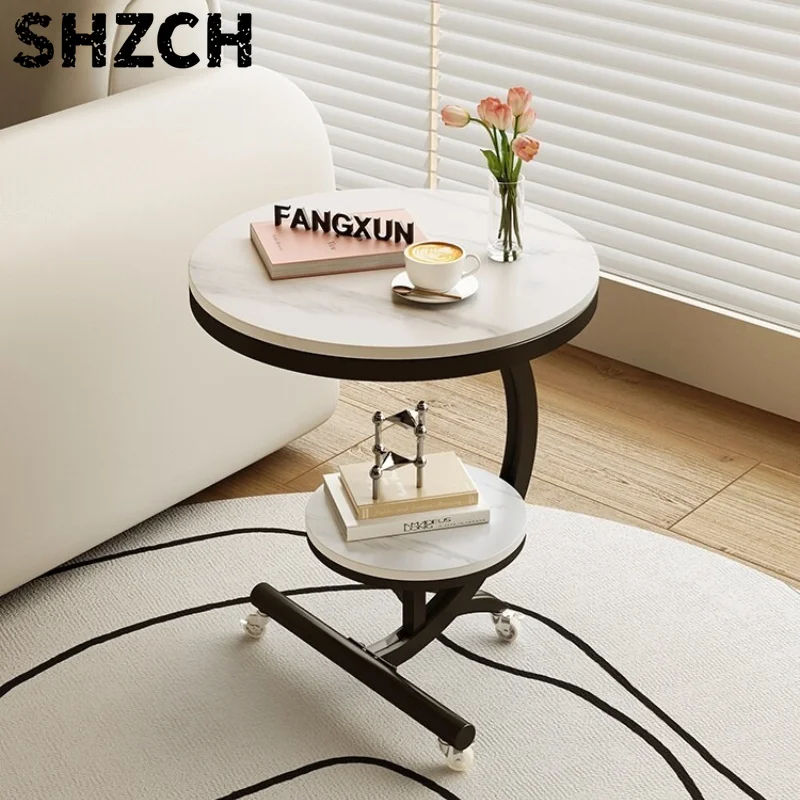 Cream Carbon Steel Side Table Mobile End Table for Living Room Easyto-clean Trolley bedroom Rolling Bedside Cabinet with Storage