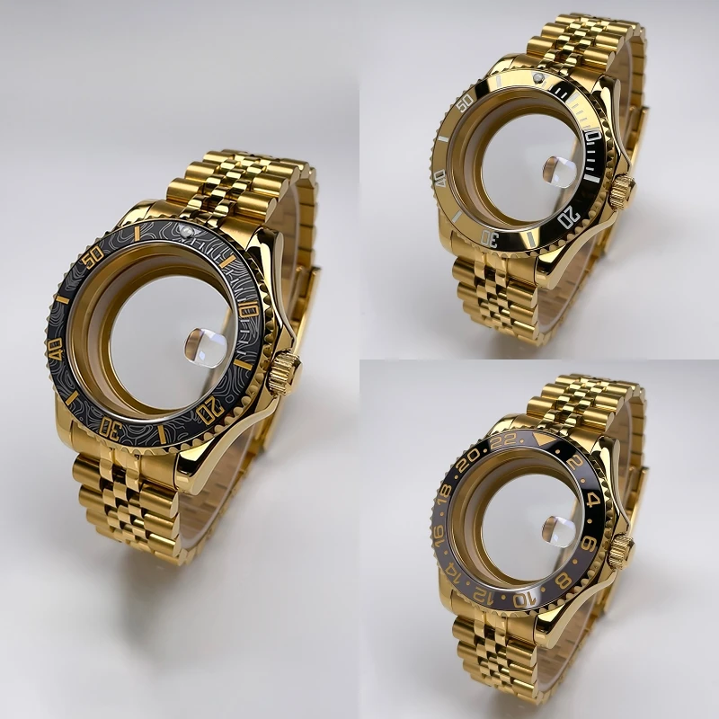 

NH35 Case 40mm Full Gold YM Design Two-Way Rotating Bezel Stainless Steel Sapphire Glass NH35 NH36 NH34 Movement Watch Case