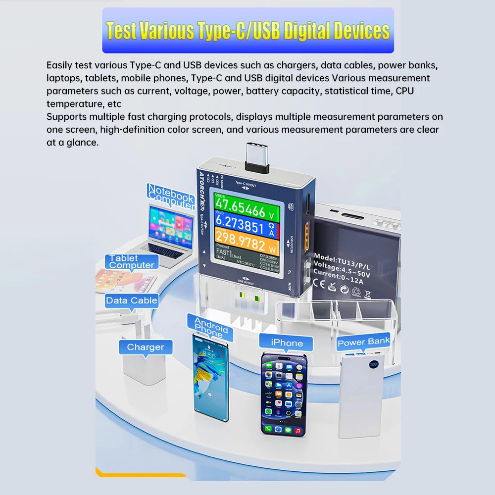 เครื่องทดสอบ USB TU13 โวลต์มิเตอร์ แบบ Type-C PD3.0 รองรับการชาร์จเร็ว โปรโตคอล DC0-50V สำหรับตรวจสอบความจุแบตเตอรี่โทรศัพท์มือถือ